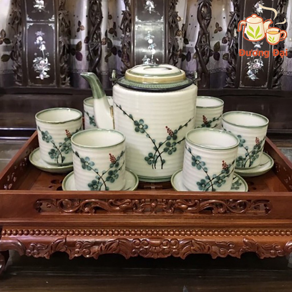 Bộ Ấm Tích Pha Trà Hãm Chè Xanh 1.5L Da Lươn Vẽ Tay Gốm Sứ Bát Tràng Đương Đại ( bộ bình trà, uống trà)