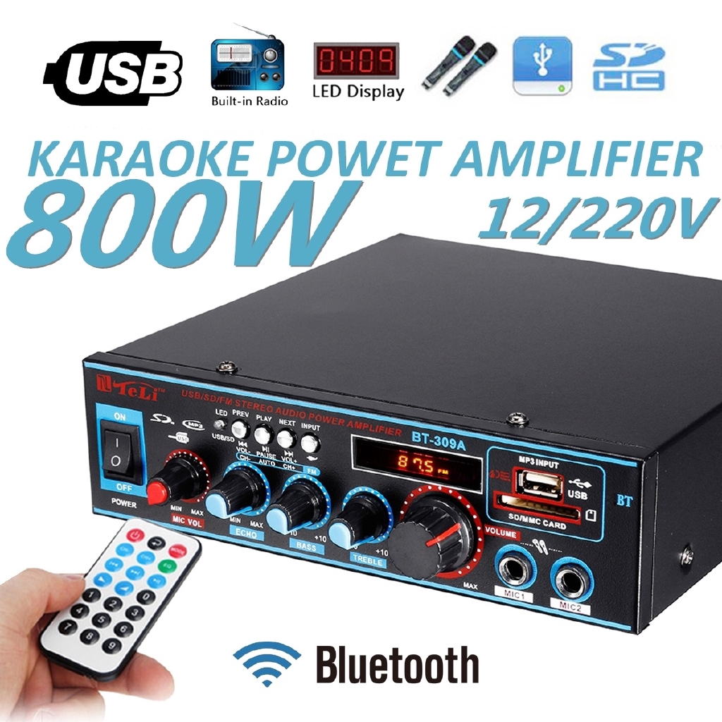 12V / 220V stereo audio amplifier Bluetooth FM Radio Car Home Karaoke