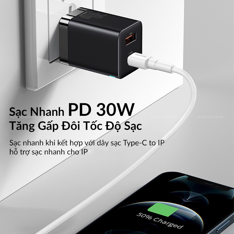 Củ Sạc Nhanh Siêu Nhỏ Baseus 30w Chân Gập 2 Cổng USB / Type C Hỗ Trợ Qc 3.0 Pd Cho Điện Thoại Máy Tính Bảng Njoyshop