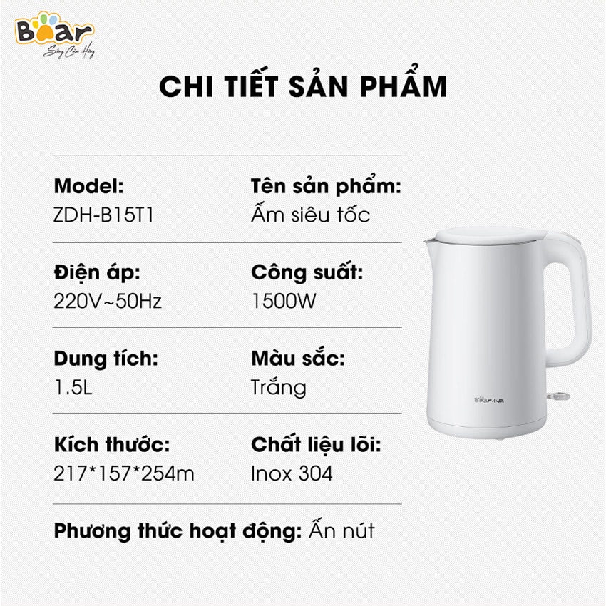 Ấm Siêu Tốc Bear ZDH-B15T1 dung tích 1.5 lít, công suất 1500W  (Hàng chính hãng 1 đổi 1 trong 30 ngày, bảo hành 18 tháng