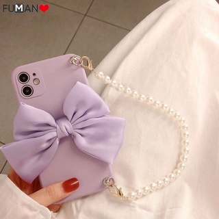 Ốp điện thoại TPU mềm đính nơ phối dây đeo ngọc trai thích hợp cho iPhone 13 12 11 Pro Max 13 12 Mini Xr Xs Max X