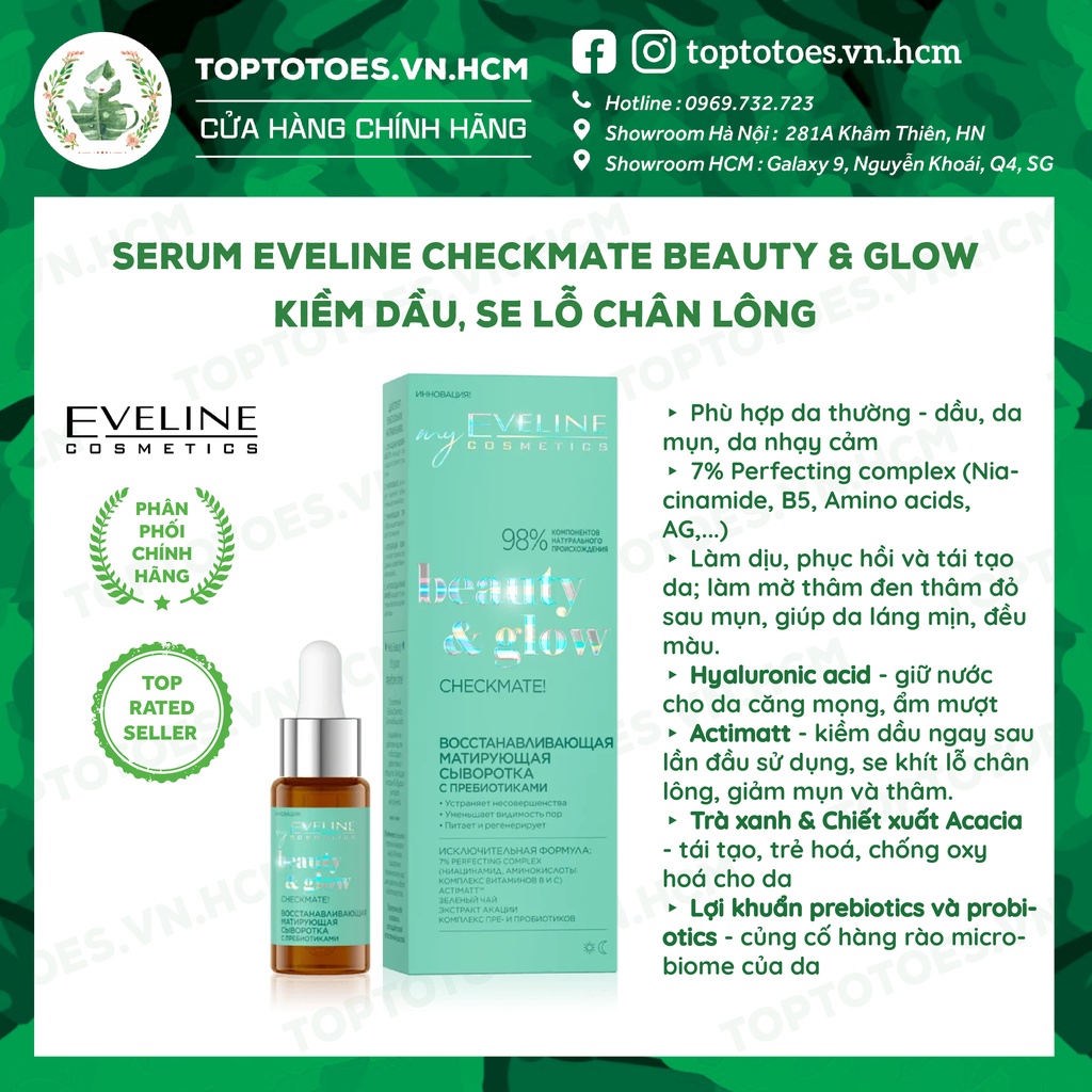 Serum Eveline Checkmate Beauty & Glow kiềm dầu, ngừa mụn, mờ thâm, se lỗ chân lông với B5 & Niacinamide