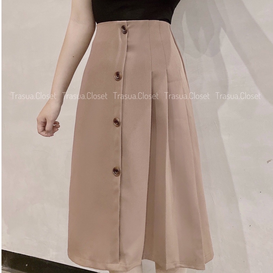 Chân váy dài qua gối xếp ly chuẩn Trà Sữa Closet váy dáng dài công sở hàn quốc đủ size tới 60kg vải đẹp dày dặn TS015 | BigBuy360 - bigbuy360.vn