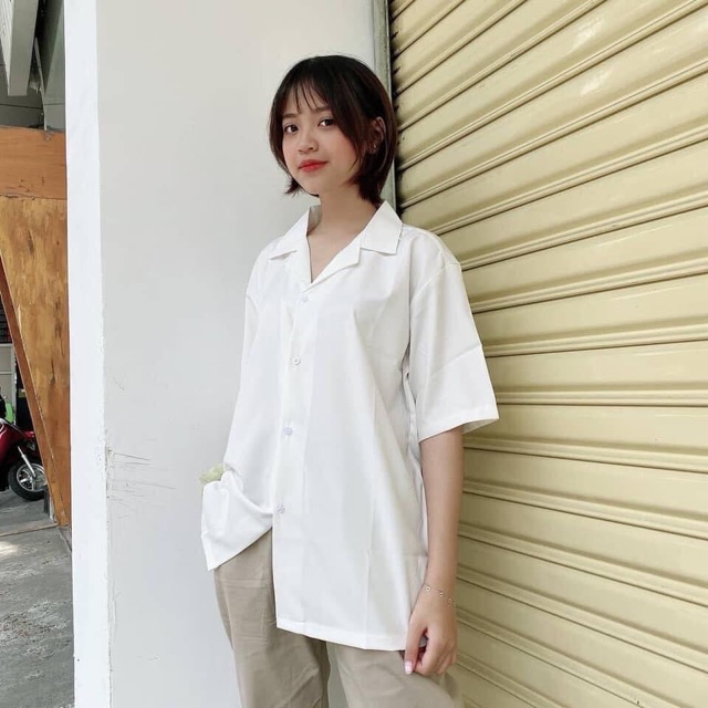 Áo Sơmi Cổ Vest Basic Unisex Tay Ngắn Ảnh Thật