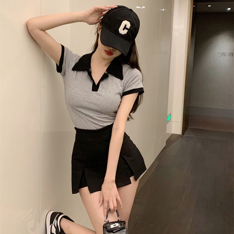 Jiashucheng Set Áo Thun Ngắn Tay Cổ Chữ v + Chân Váy Xẻ Tà Màu Sắc Tương Phản Thời Trang Mùa Hè Cho Nữ