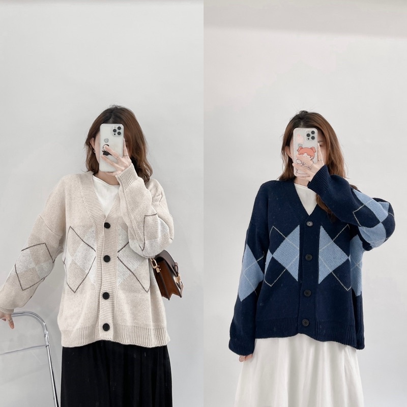 áo khoác cardigan len hoạ tiết chéo giữa phom to dáng dài (Ảnh thật/ sẵn/ Mono shop)