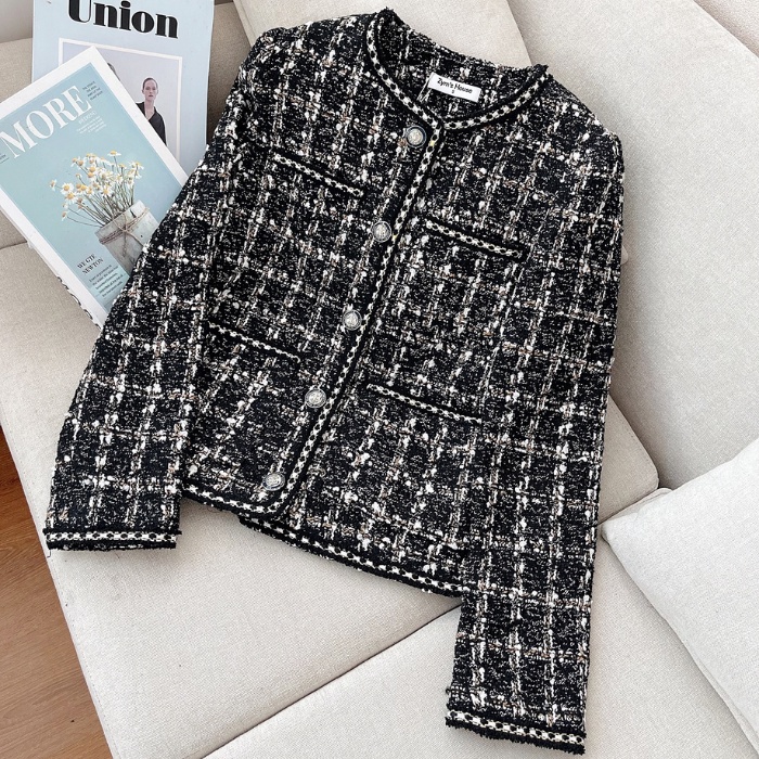 Áo dạ tweed ZYM'S HOUSE dáng ngắn cúc ngọc phối kẻ sọc K460, K461 | BigBuy360 - bigbuy360.vn
