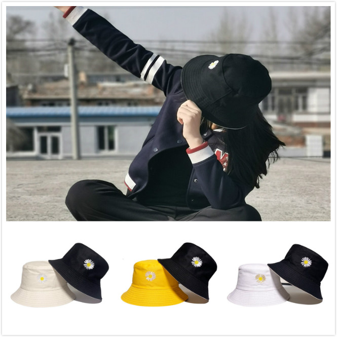 Nón vành che nắng hai mặt thêu hoa cúc xinh xắn thời trang cho nam và nữ