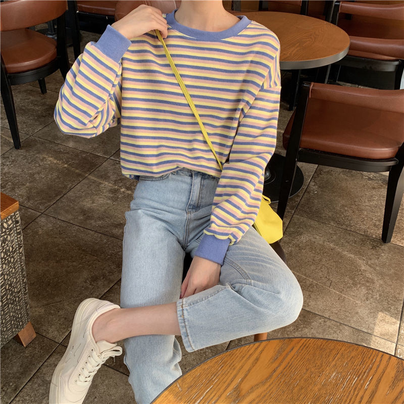 Áo Thun Dài Tay Họa Tiết Sọc Ngang Thời Trang Cho Nữ