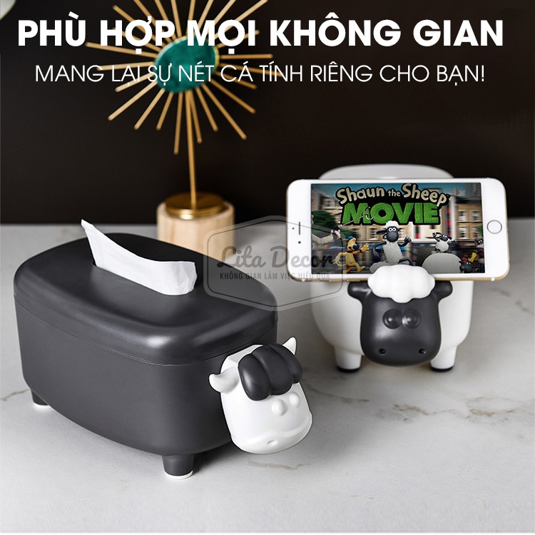 Hộp đựng khăn giấy ăn, hình con cừu kết hơp giá đỡ điện thoại &amp; đồ trang trí, mã HG02