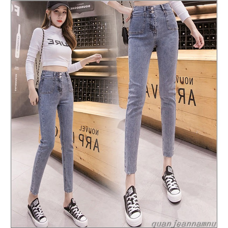 Quần jean nữ lưng cao 2 TÚI KIỂU + 2 CÚC XANH NHẠT siêu siêu đẹp 001 KIEU .#4