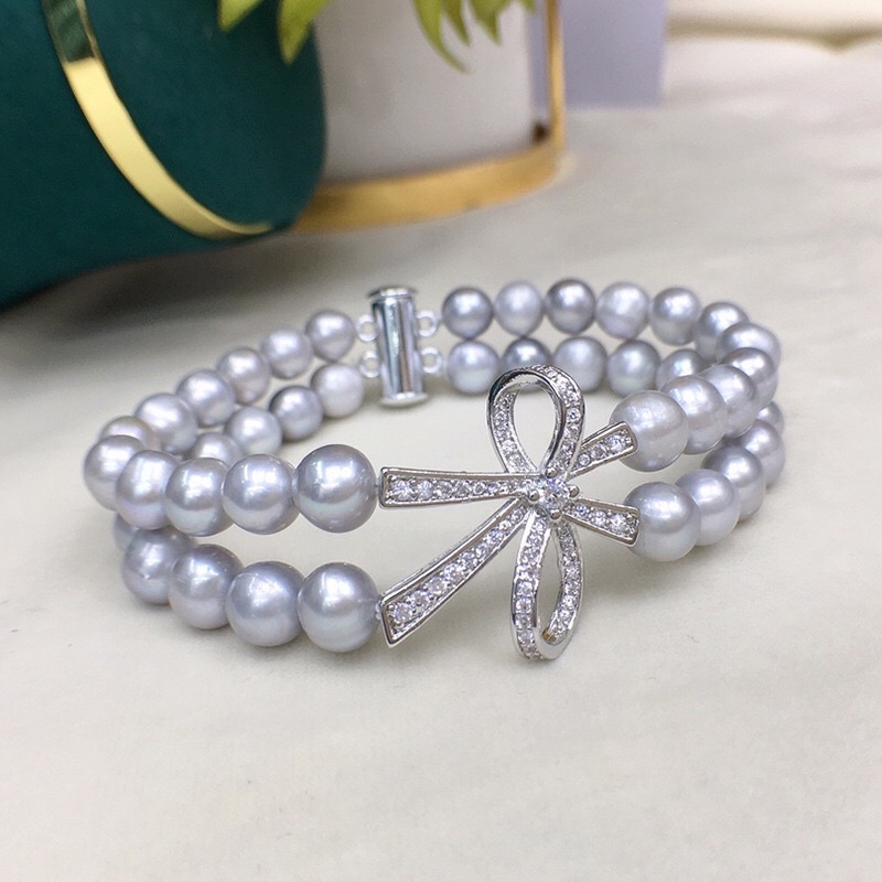 Vòng Tay Ngọc Trai Hạt Màu Xám Khóa Nơ Bạc - NT25 - Ngọc Trai Trường Thịnh