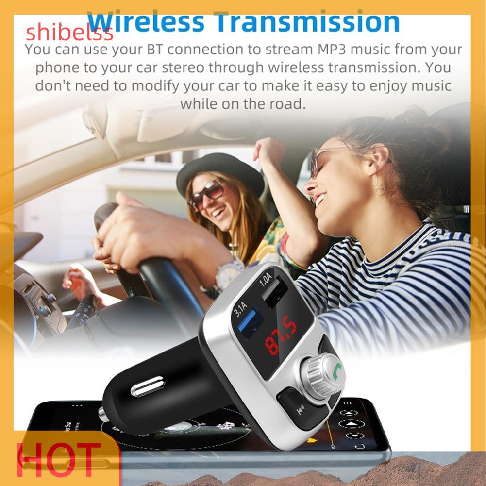 （ʚshibelss）Car Bluetooth 5.0 FM Transmitter Dual USB Wireless Handsfree Audio Receiver