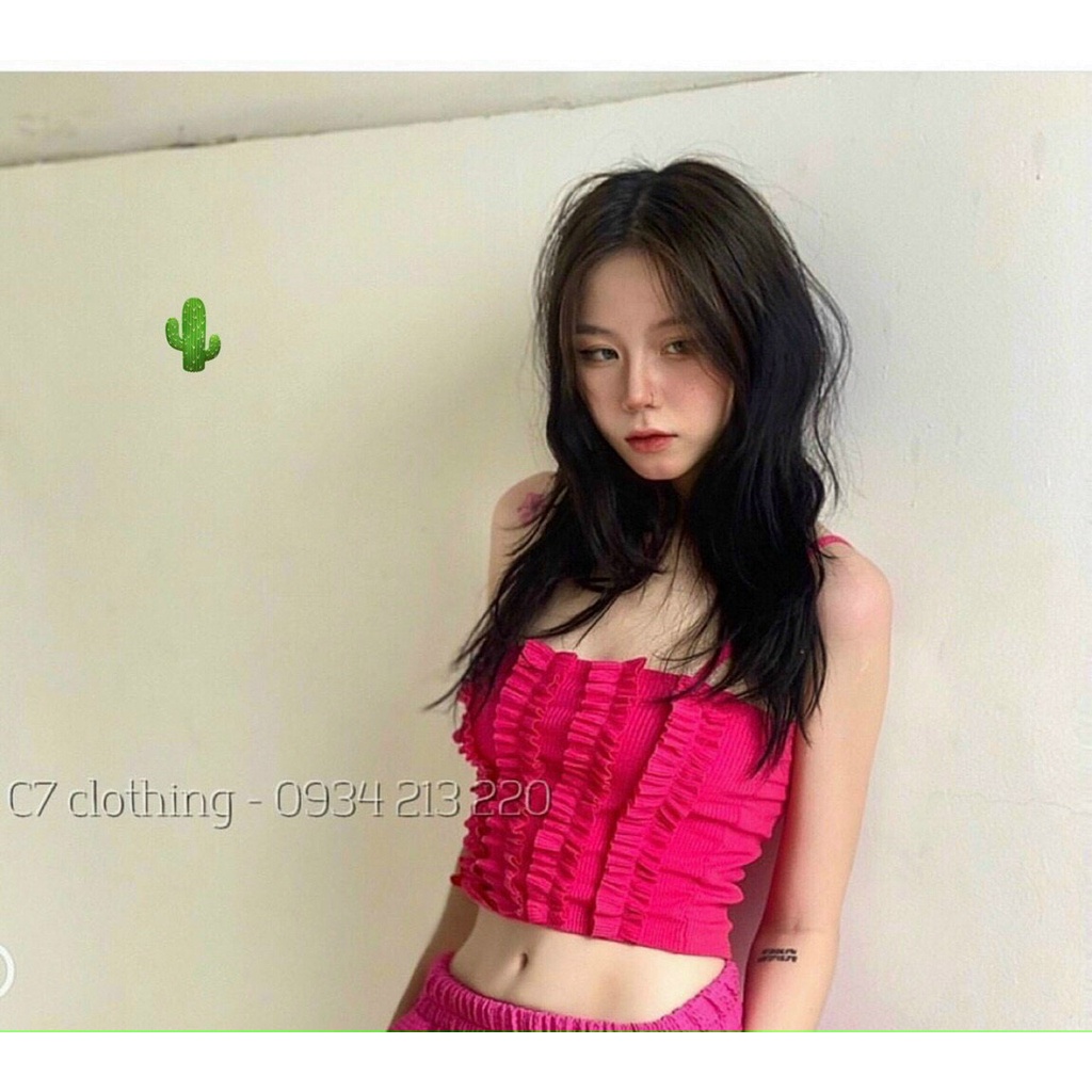 Áo thun 2 dây gân bèo viền xinh dáng croptop