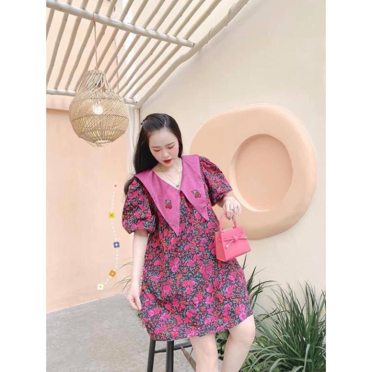 Đầm hoa dáng suông rộng phối cổ vạt nhọn thêu trái cherry tay phồng LATO
