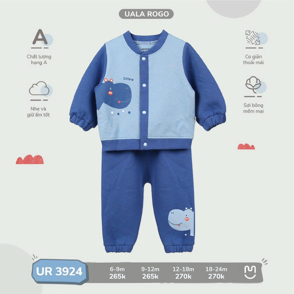 Bộ Uala Rogo Cotton cúc giữa hà mã viền tay màu dài tay cao cấp thấm hút tốt cho bé trai bé gái 3924