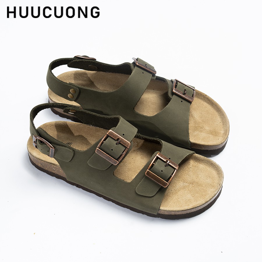 Giày Sandal Unisex Huucuong 2 khóa da bò rêu