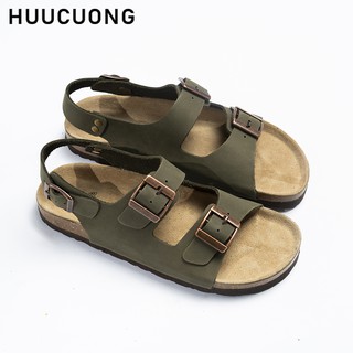 Giày Sandal Unisex  Huucuong 2 khóa da bò rêu