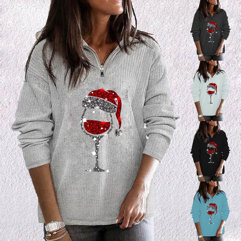 Áo Sweater Tay Dài Có Khóa Kéo Và Nón In Họa Tiết Giáng Sinh Màu Đỏ Rượu Vang Thời Trang Mùa Thu Cho Nữ