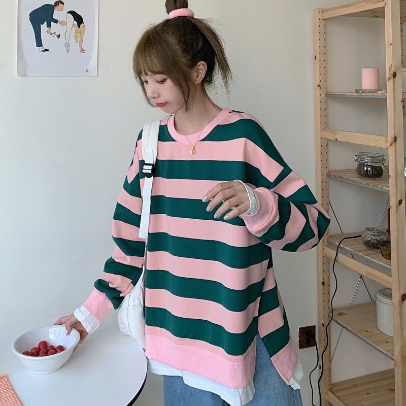 Áo Sweater Dáng Rộng Phối Sọc Xinh Xắn Theo Phong Cách Mùa Thu Dành Cho Nữ