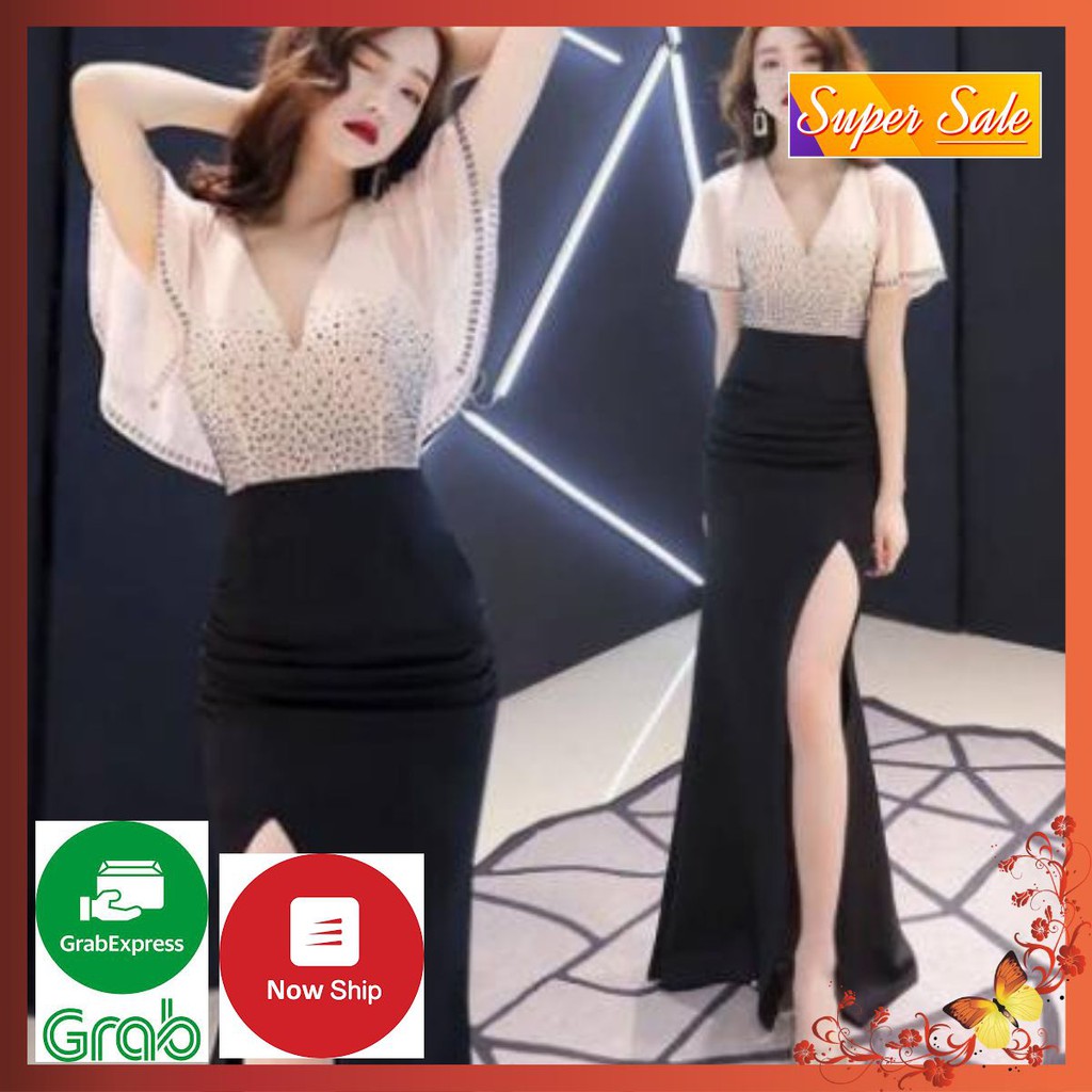 Váy Dạ Hội , Đầm Body Dáng Dài Tay Cánh Tiên Đính Đá Xẻ Cao Cấp Gợi Cảm Sang Trọng