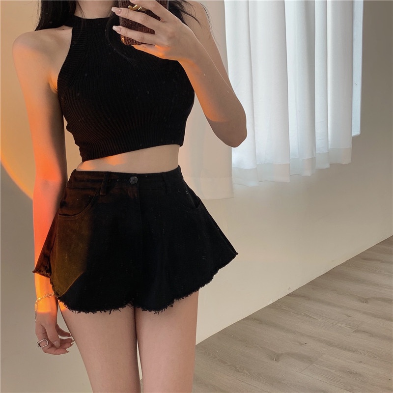 Porozi  Áo croptop  vải dệt kim không tay màu sắc đơn giản phong cách Hàn Quốc cho nữ