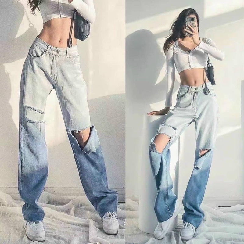 CODE 3130 - QUẦN JEANS SUÔNG LOANG RÁCH GỐI
