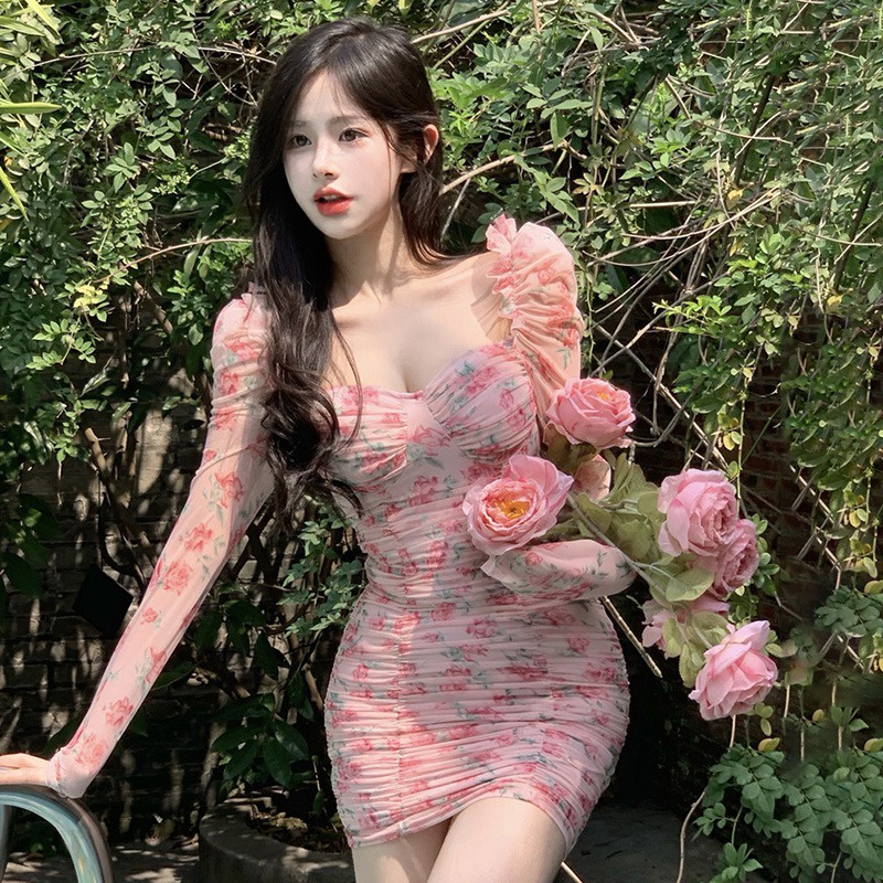 Đầm Tay Phồng Dài Cổ Vuông Thời Trang Quyến Rũ Cho Nữ