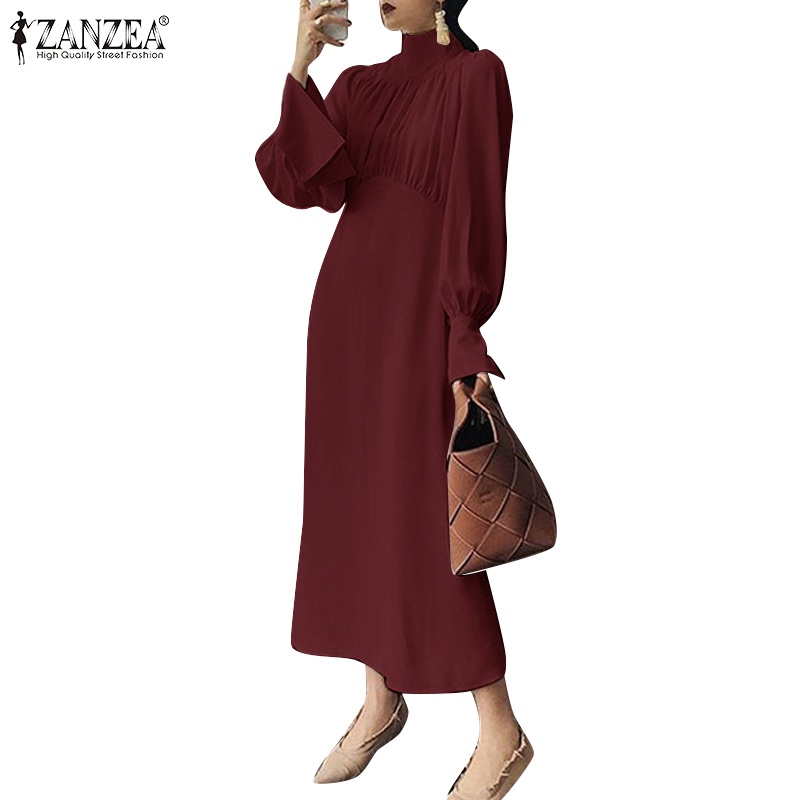 Đầm maxi ZANZEA tay dài cổ tròn dáng rộng có khóa kéo sau lưng thời trang cho nữ