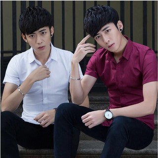 COMBO 2 áo sơ mi Nam ngắn tay cổ trơn màu trắng và đỏ đô