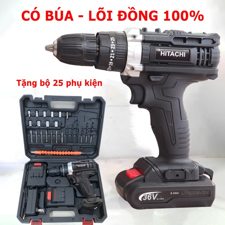 [Tặng bộ 25 mũi khoan] Máy Khoan Pin Hitachi 36v có búa kèm 2 pin chuẩn 5 cell - Máy bắn vít - Máy khoan tường