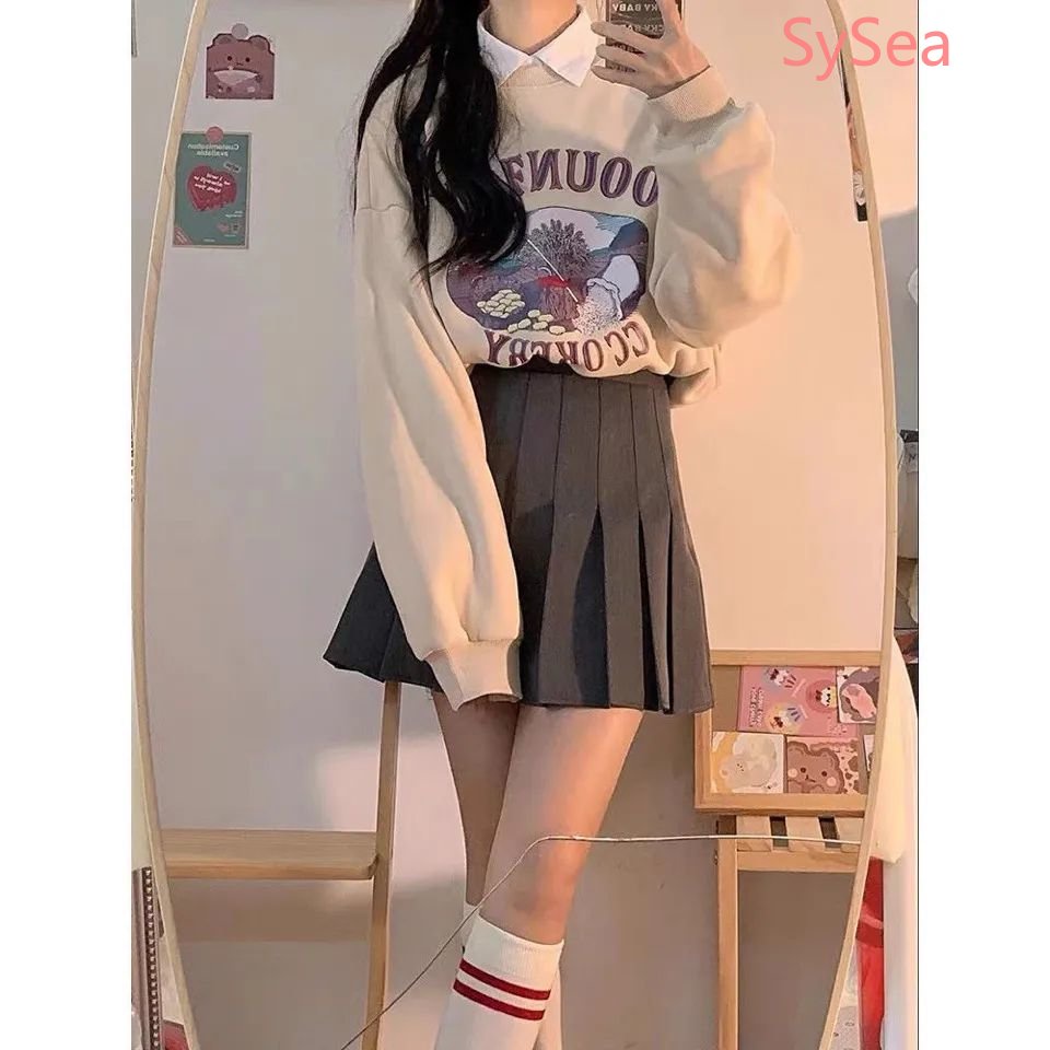 Bộ Áo Hoodie In Họa Tiết + Chân Váy Xếp Ly Lưng Cao Xinh Xắn Theo Phong Cách Mùa Thu Hàn Quốc Dành