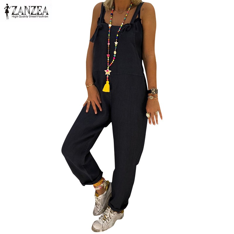ZANZEA Women Summer Sleeveless Solid Color Casual Vintage Jumpsuits