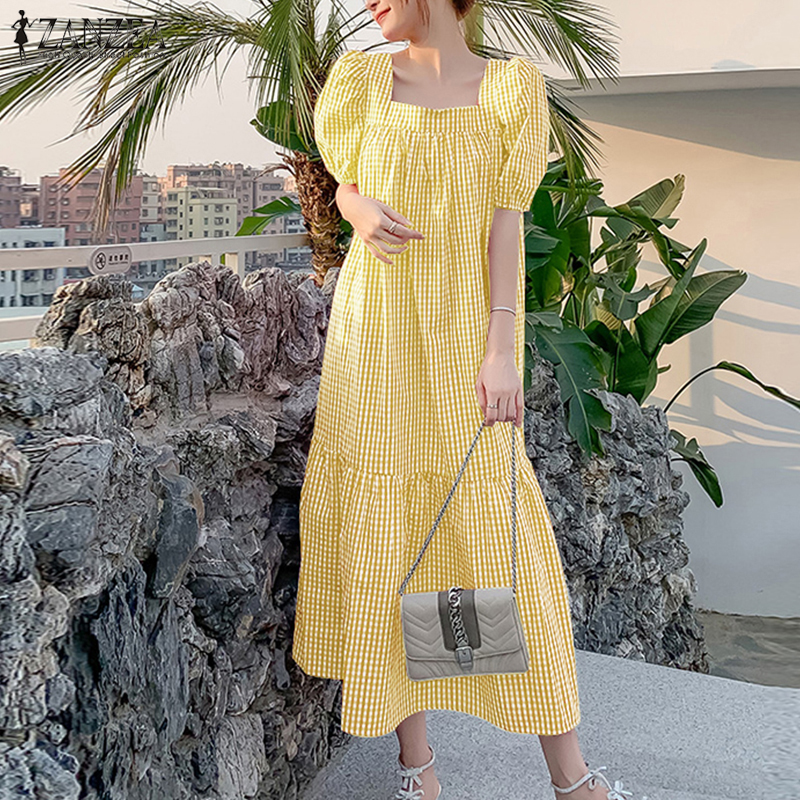 Đầm ZANZEA maxi tay ngắn cổ vuông phồng in sọc caro cho nữ