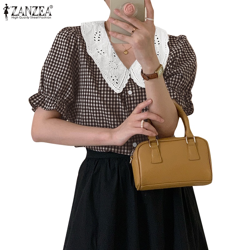Áo kiểu ZANZEA tay phồng cổ bẻ họa tiết sọc caro phong cách đường phố thời trang cho nữ