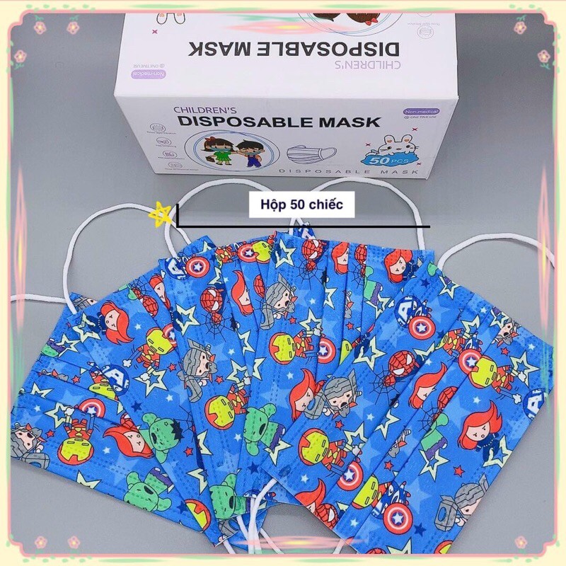 HỘP 50 CÁIKhẩu trang in hình Shin, Siêu anh hùng, Kitty đủ size trẻ em và người lớn