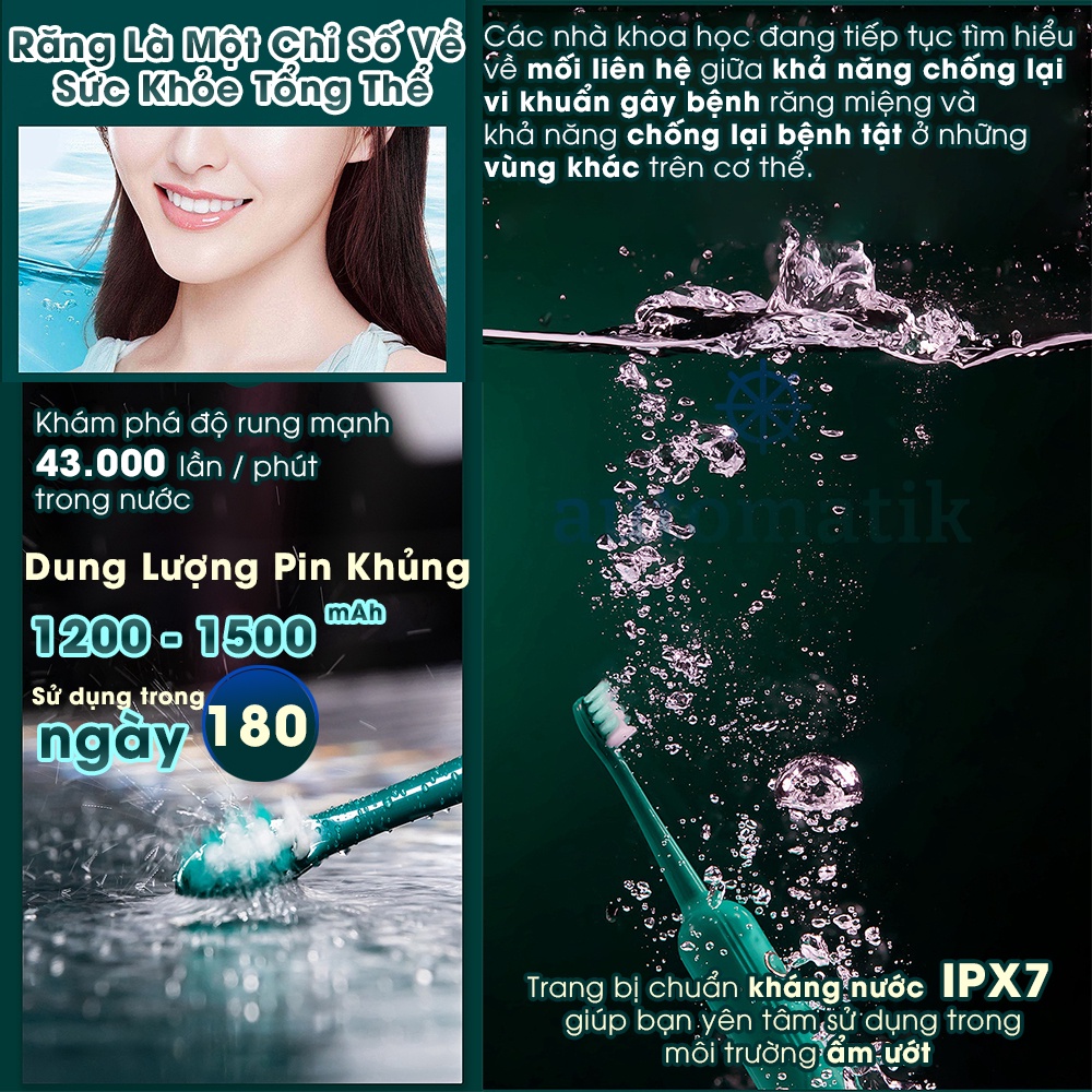 [Ánh Sáng Xanh] Bàn Chải Điện Đánh Răng Tự Động Công Nghệ Sóng Âm, Lông Mềm Mại, Chải Sạch Sâu 4 Chế Độ  - Automatik