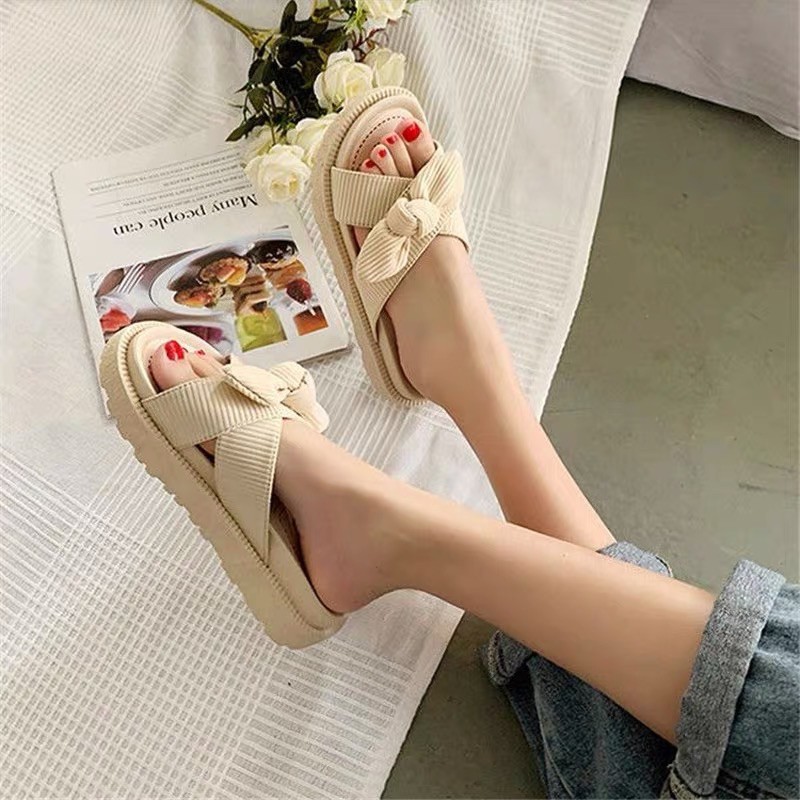 (ORDER) Dép lê bánh mì quai da lộn 4cm nơ chéo BIG SIZE 35-44