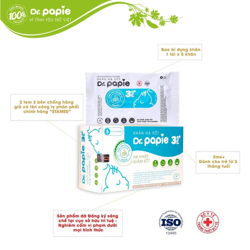 Hộp 25 Tờ Khăn Lau Hạ Sốt Dr Papie Cho Bé, Hạ Nhiệt Giảm Sốt Ngắn Ngừa Co Giật