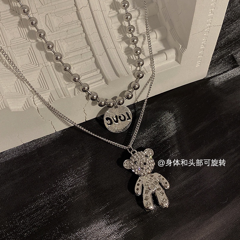 Vòng cổ Thép Titan Hai Lớp Mặt Hình Gấu Đính Đá Toàn Diện Phong Cách Hip hop Cho Nam Nữ