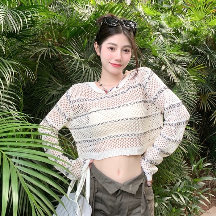 Áo kiểu ZHELIHANGFEI vải dệt kim tay dài chống nắng lưng cao hở eo họa tiết kẻ sọc ngang