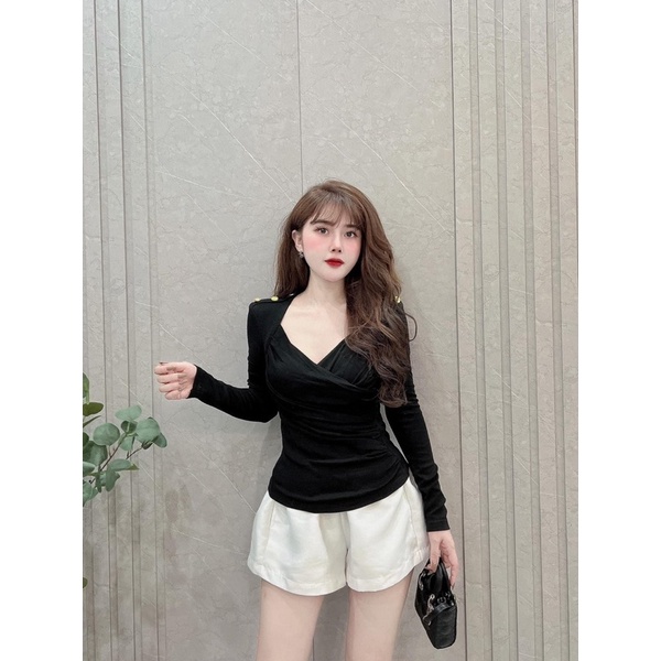 ANU91 - ÁO THUN TĂM NỮ CỔ U NHÚN VAI PHỐI CÚC