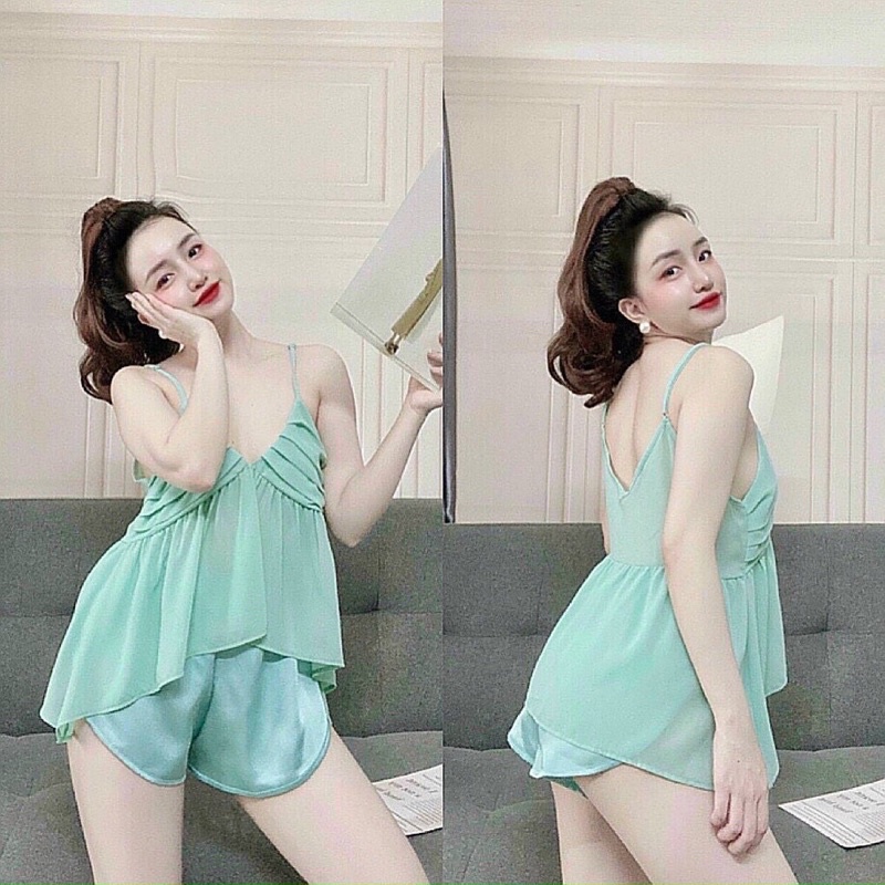 Đồ bộ ngủ sexy ao voan xếp ly quần satin cao cấp | BigBuy360 - bigbuy360.vn