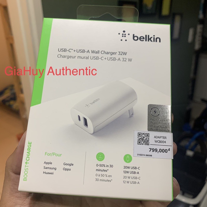 Củ Sạc nhanh New iPhone 12 Series, iPad Pro BELKIN WCB004dqWH BOOST↑ 32W (01 USB-C PD 20W & 01 USB-A 12W)