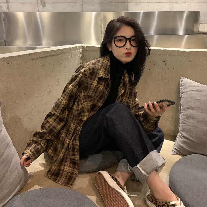 SUXI Áo Sơ Mi Caro Dài Tay Phong Cách Vintage Cho Nữ