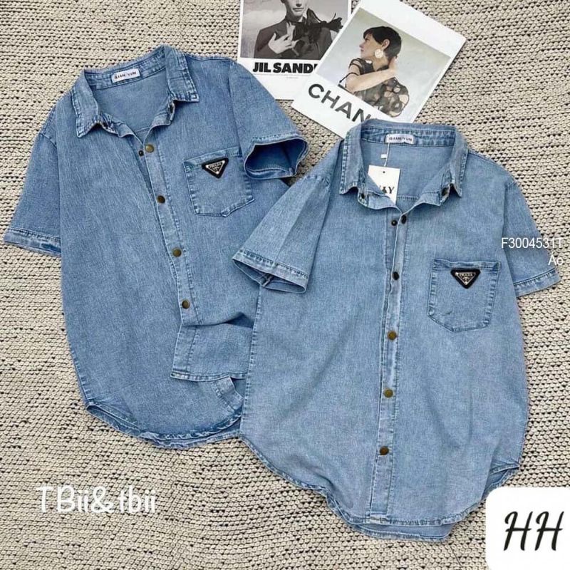 Áo sơ mi jean một túi gắn logo tay ngắn Unisex cá tính, áo khoác sơ mi bò xanh HOT. MET SHOP