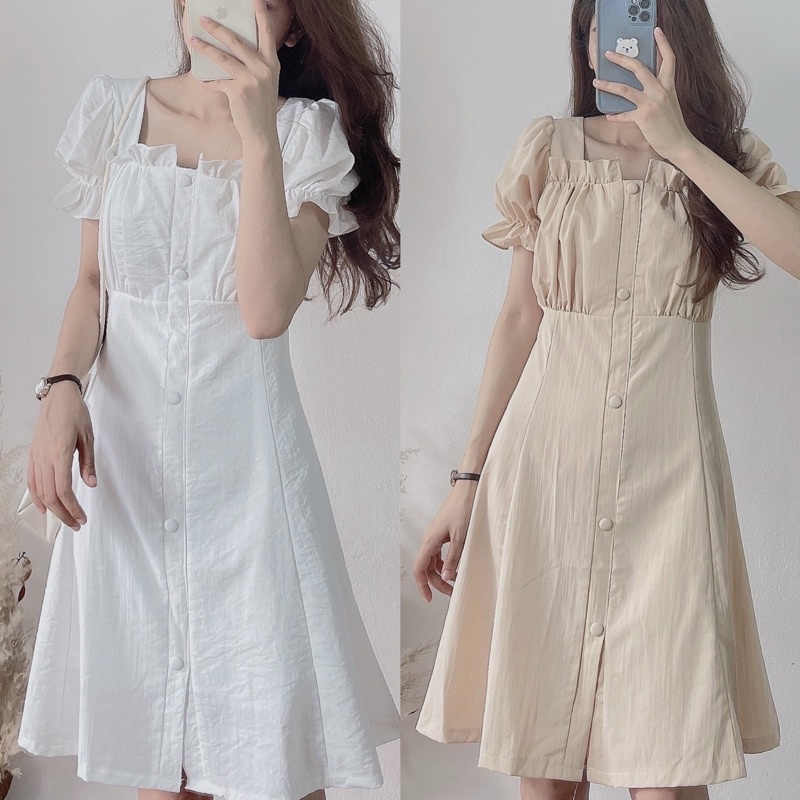 Váy cúc bọc Laly thiết kế trẻ trung mặc được hai kiểu Đầm ulzzang trễ vai