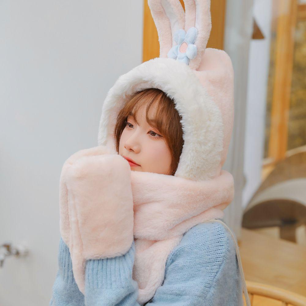 Bộ Nón Khăn Choàng Găng Tay Tai Thỏ 3 Trong 1 Bằng Vải Bông Ấm Áp Thời Trang Mùa
