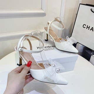 Giày cao gót bít mũi nơ lụa phối ngọc - Cao gót 6P nơ phối lụa Chile
