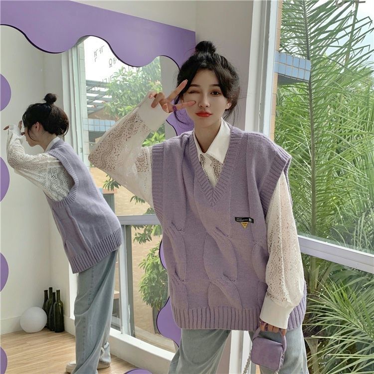 Áo không tay cổ chữ V/áo mi ren khoét rỗng phong cách Hàn Quốc